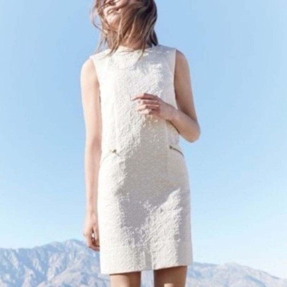 J. Crew Off-White Cream Jacquard Gold Zipper Above Knee Shift Dress